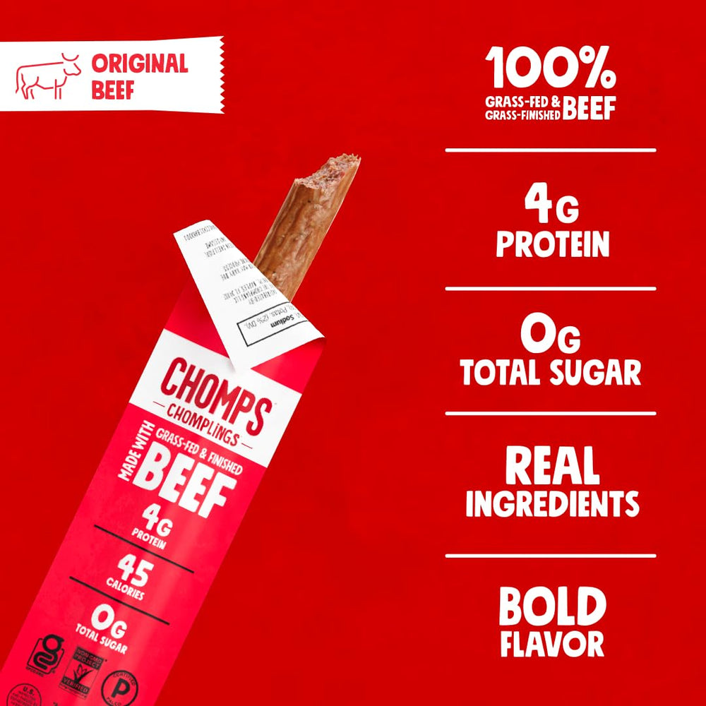 Chomps original jerky stick held in hand for on-the-go snacking
