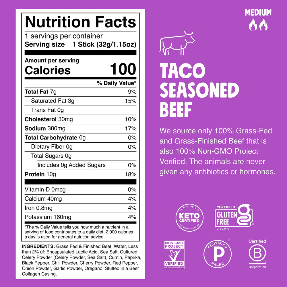 Chomps Taco Beef Jerky close-up highlights lean texture and bold taco seasoning
