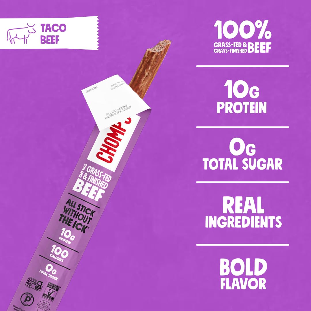 Chomps taco beef jerky stick ingredients banner highlights gluten-free and non-GMO.