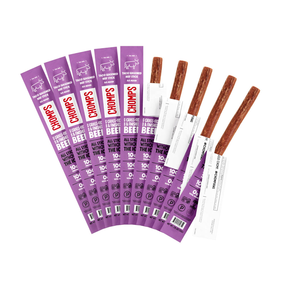 Chomps taco beef jerky stick pack front showing 10-pack on-the-go snack.