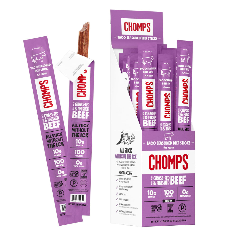 Chomps Taco Beef Jerky Stick pack shot shows convenient on-the-go protein