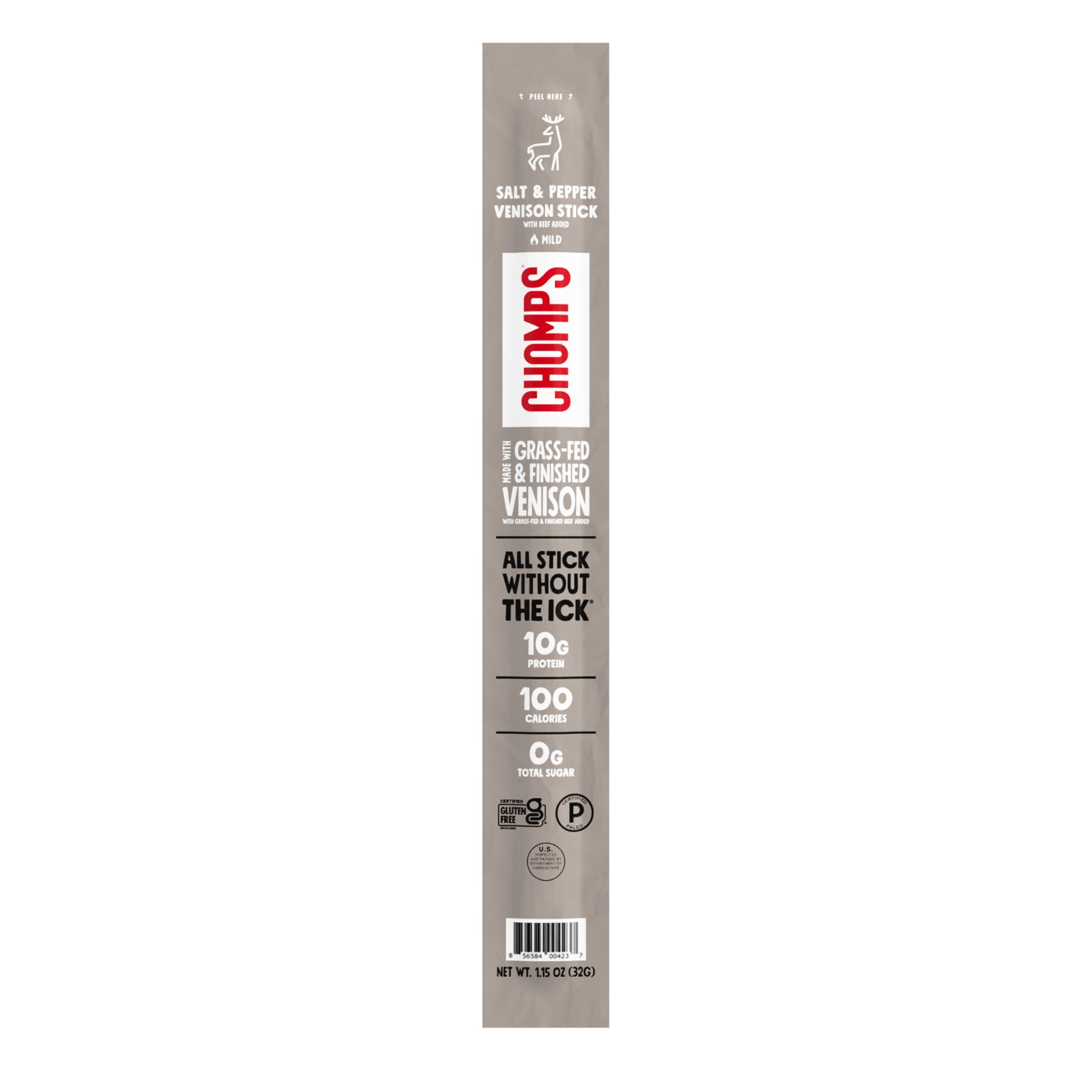 Chomps venison stick packaging highlights premium, ready-to-eat snack.