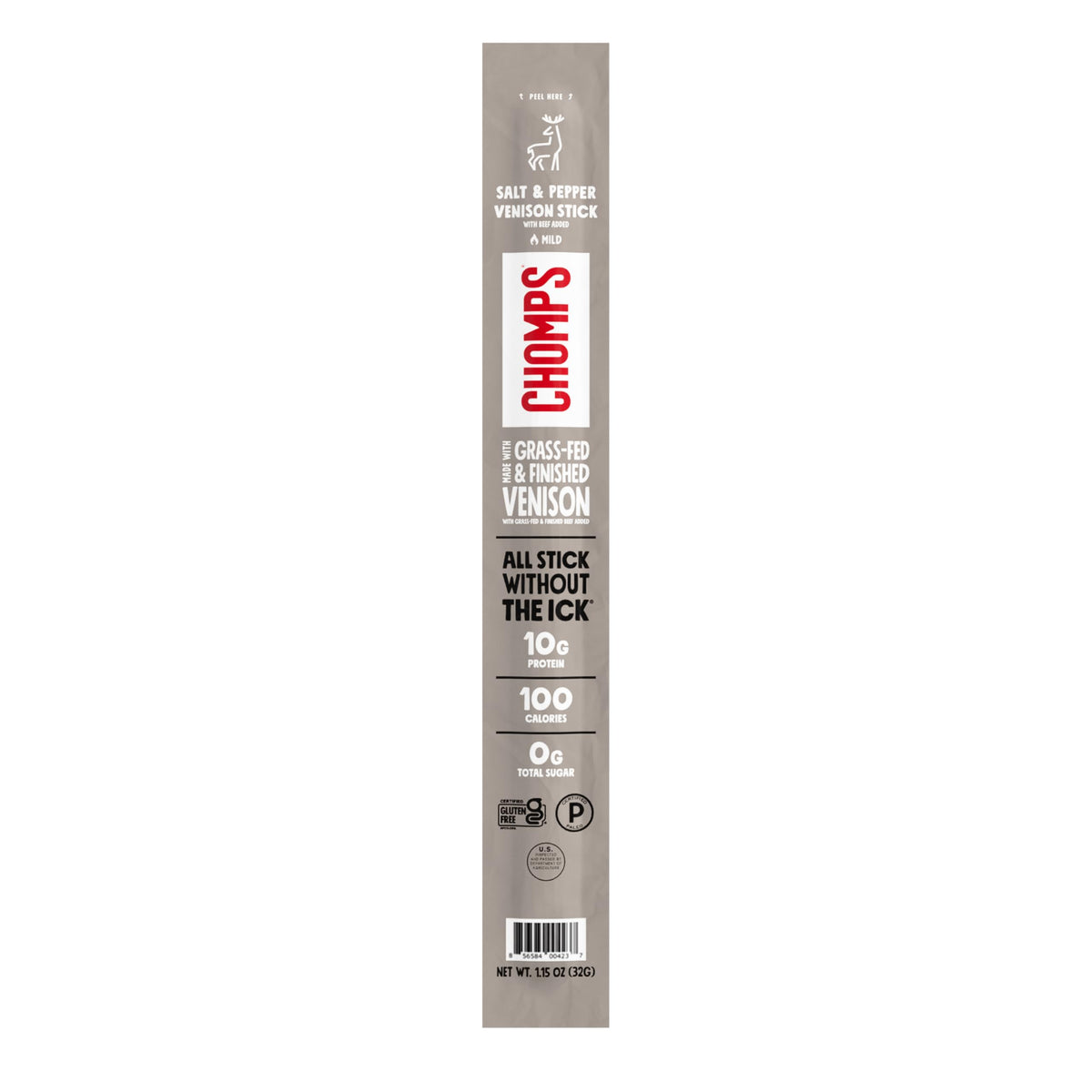Chomps venison stick packaging highlights premium, ready-to-eat snack.