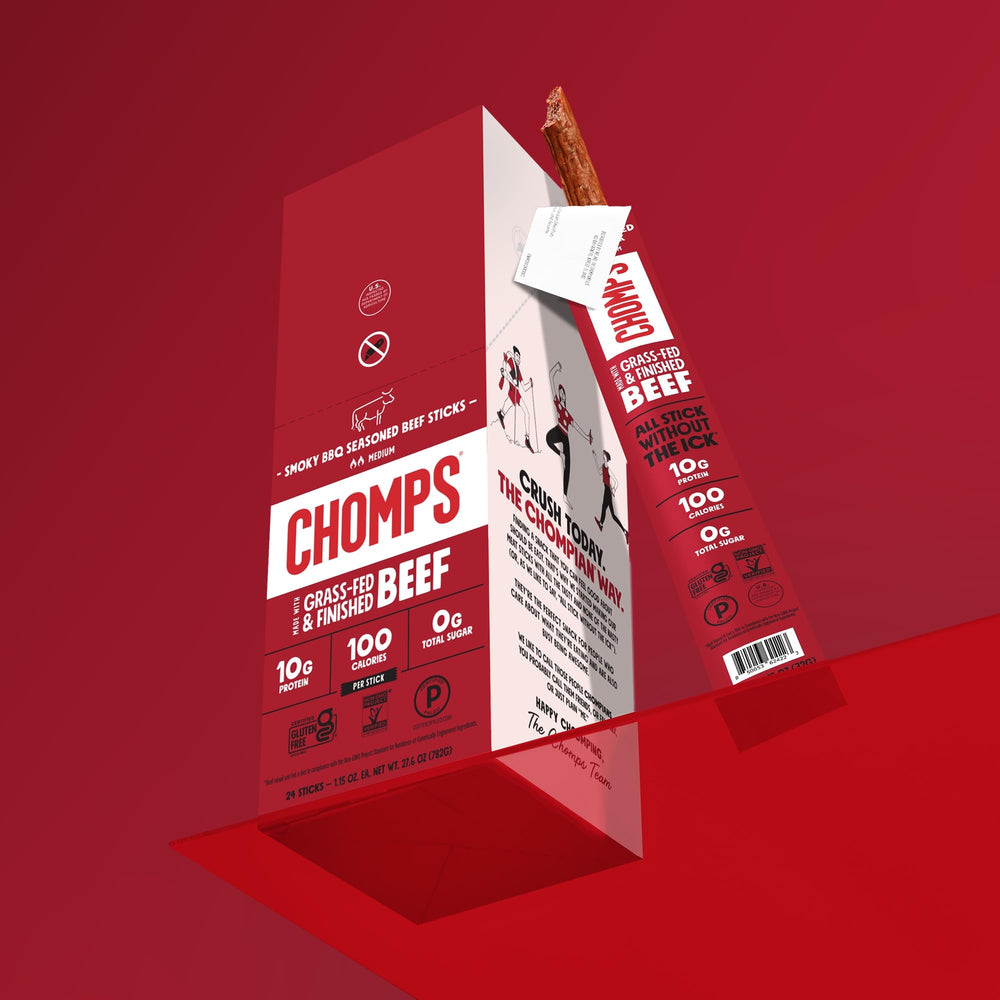 Chomps non-GMO jerky stick beside a gym bag.