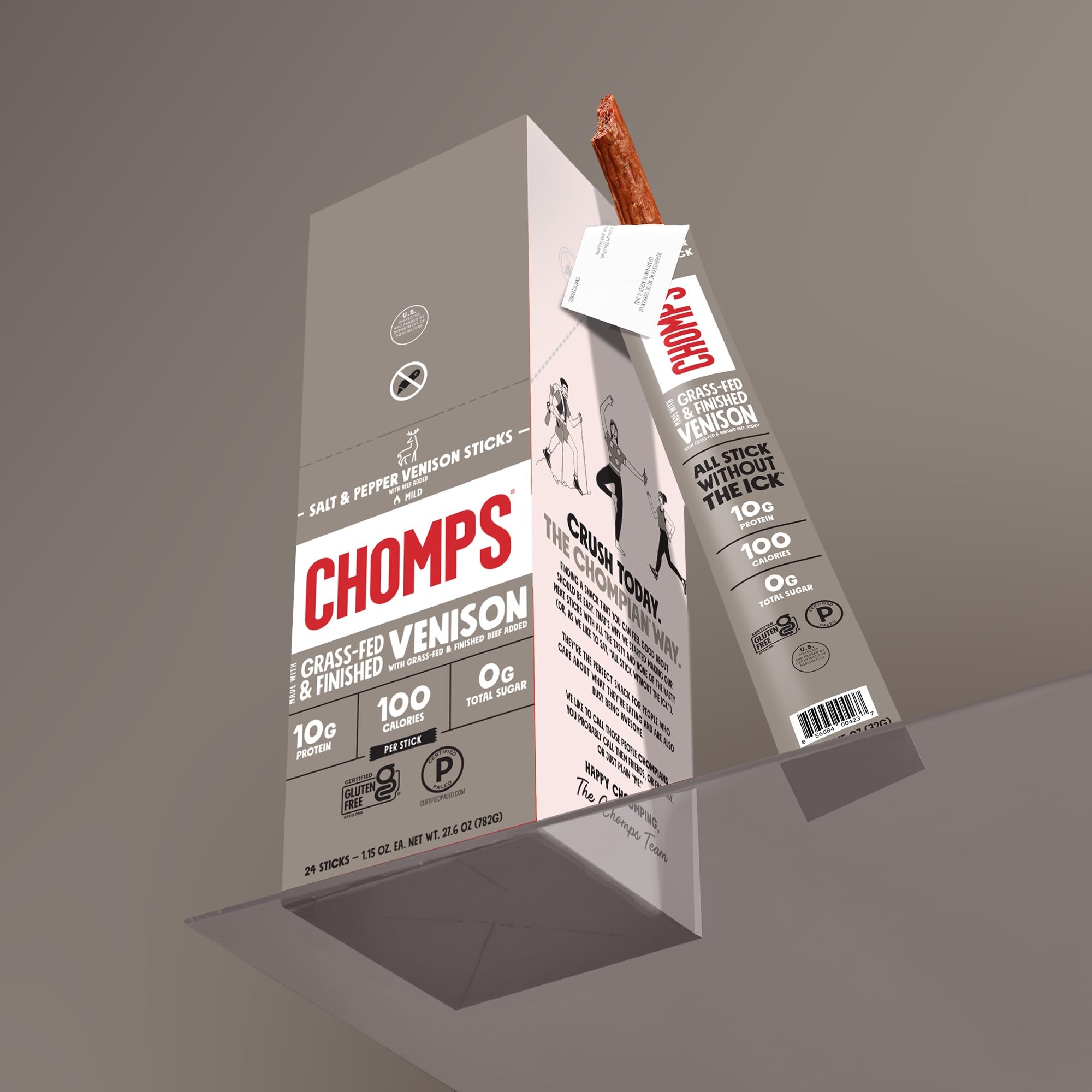 Chomps Whole30-approved venison stick for compliant snacking.