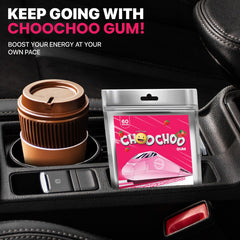 ChooChoo Gum ingredients label highlights xylitol caffeine and B vitamins for a gentle lift