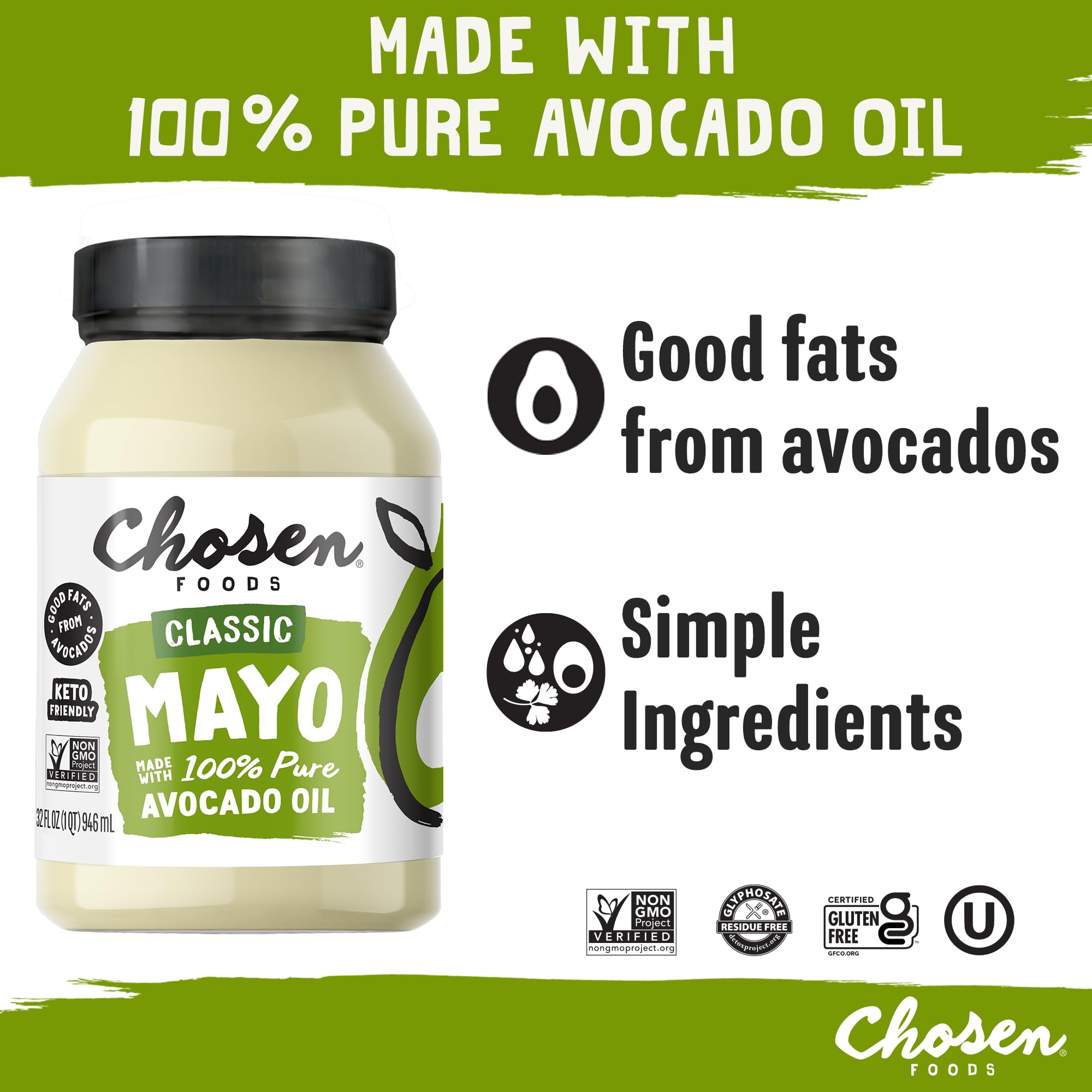 Chosen Foods avocado oil mayo bottle on plate with sandwich, rich flavor in action