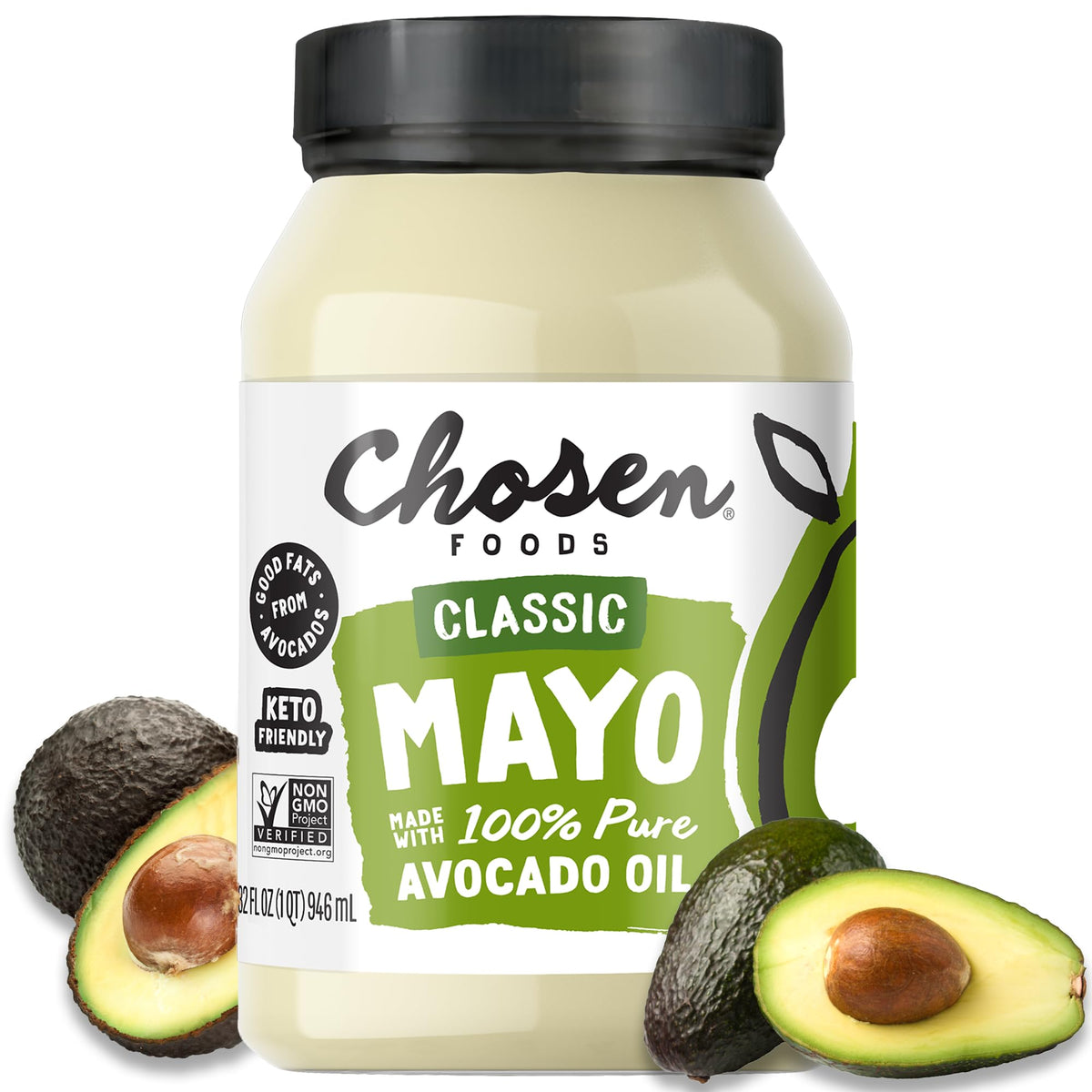 Chosen Foods avocado oil mayo jar close-up highlighting creamy texture for sandwiches