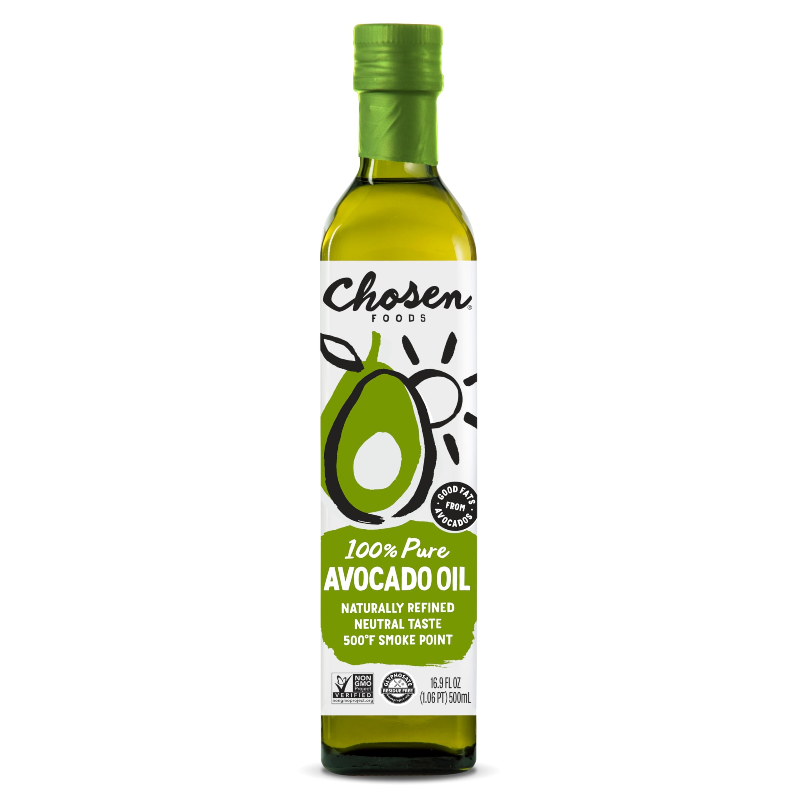 Chosen Foods Avocado Oil bottle for high-heat cooking and everyday meals.
