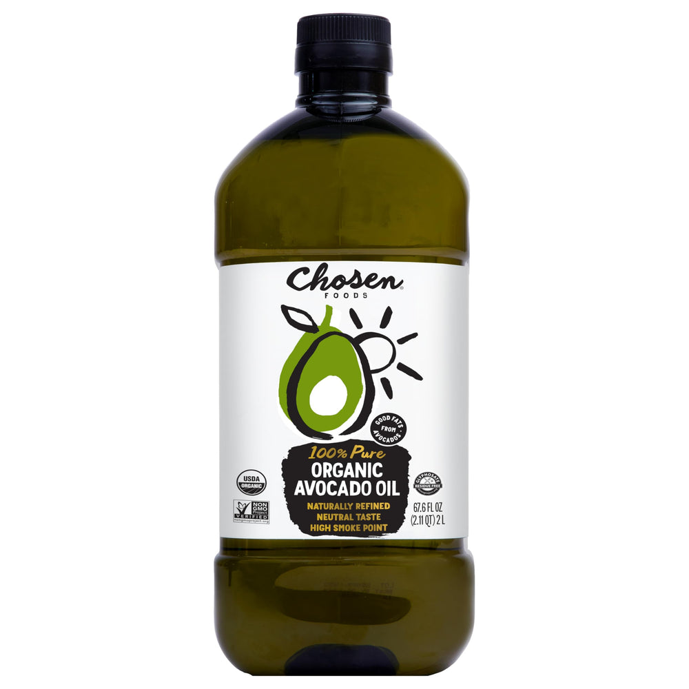 Chosen Foods avocado oil 2-liter bottle shows pure, versatile cooking oil for high-heat meals.