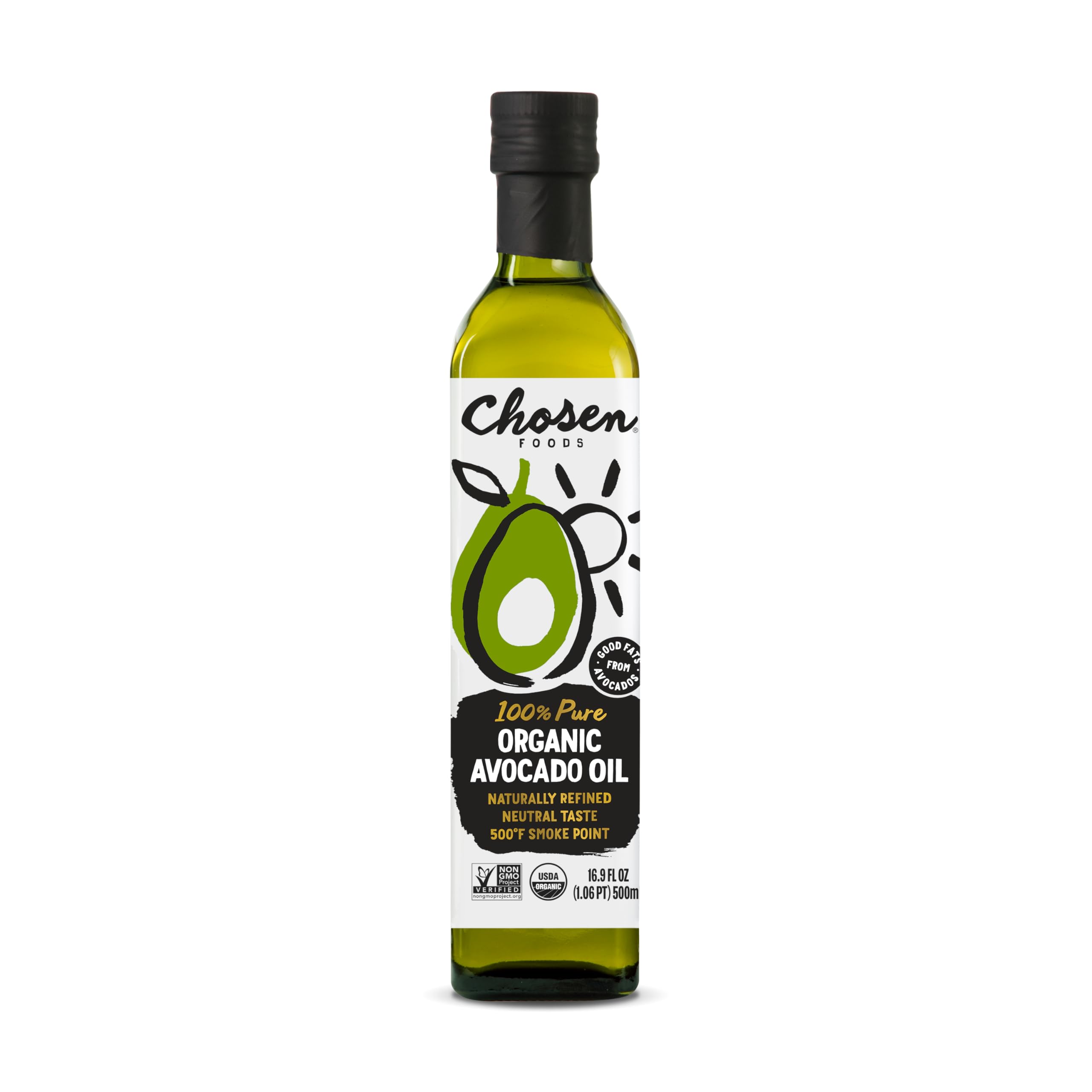 Chosen Foods Avocado Oil bottle pour for high heat and neutral flavor.