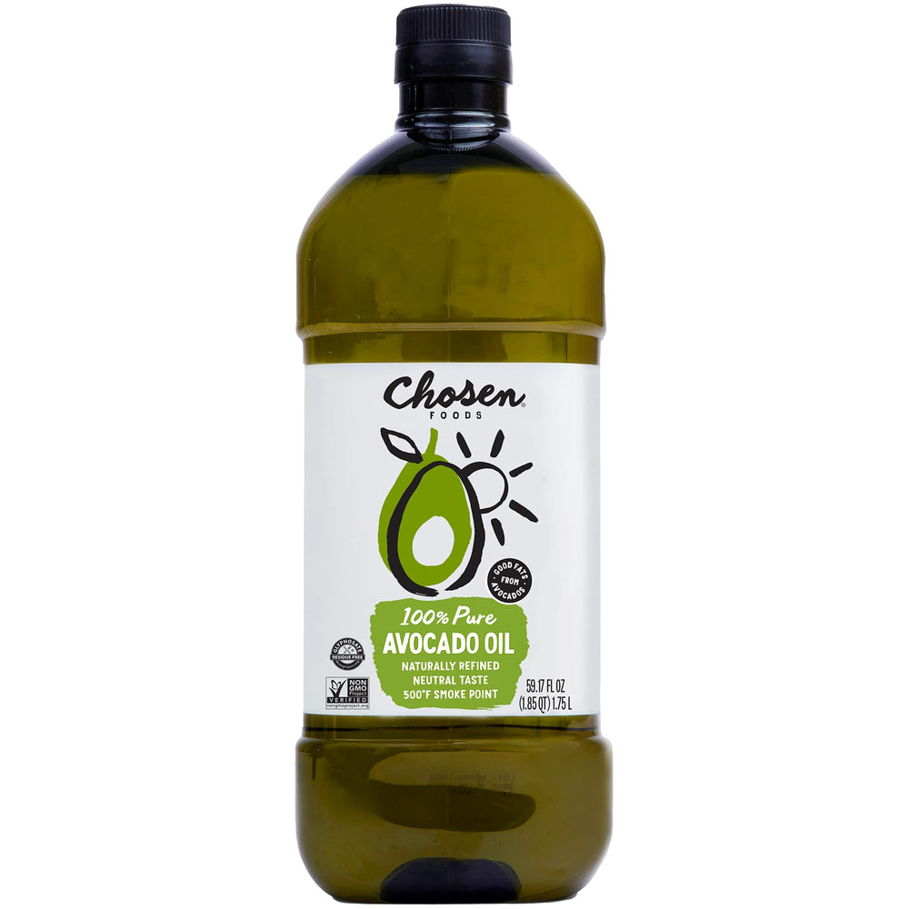 Chosen Foods Avocado Oil bottle pour demonstrates pure, high-heat friendly oil for searing and frying
