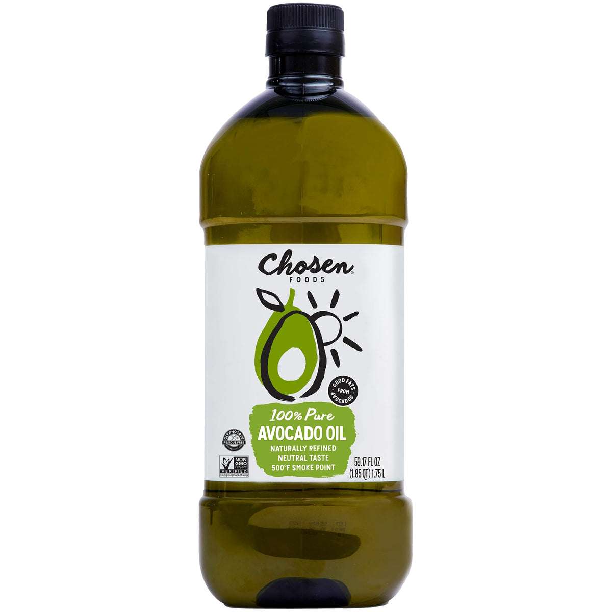 Chosen Foods Avocado Oil bottle pour demonstrates pure, high-heat friendly oil for searing and frying