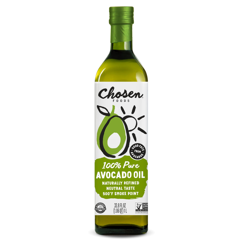 Chosen Foods Avocado Oil bottle on a counter, highlighting purity and versatility.