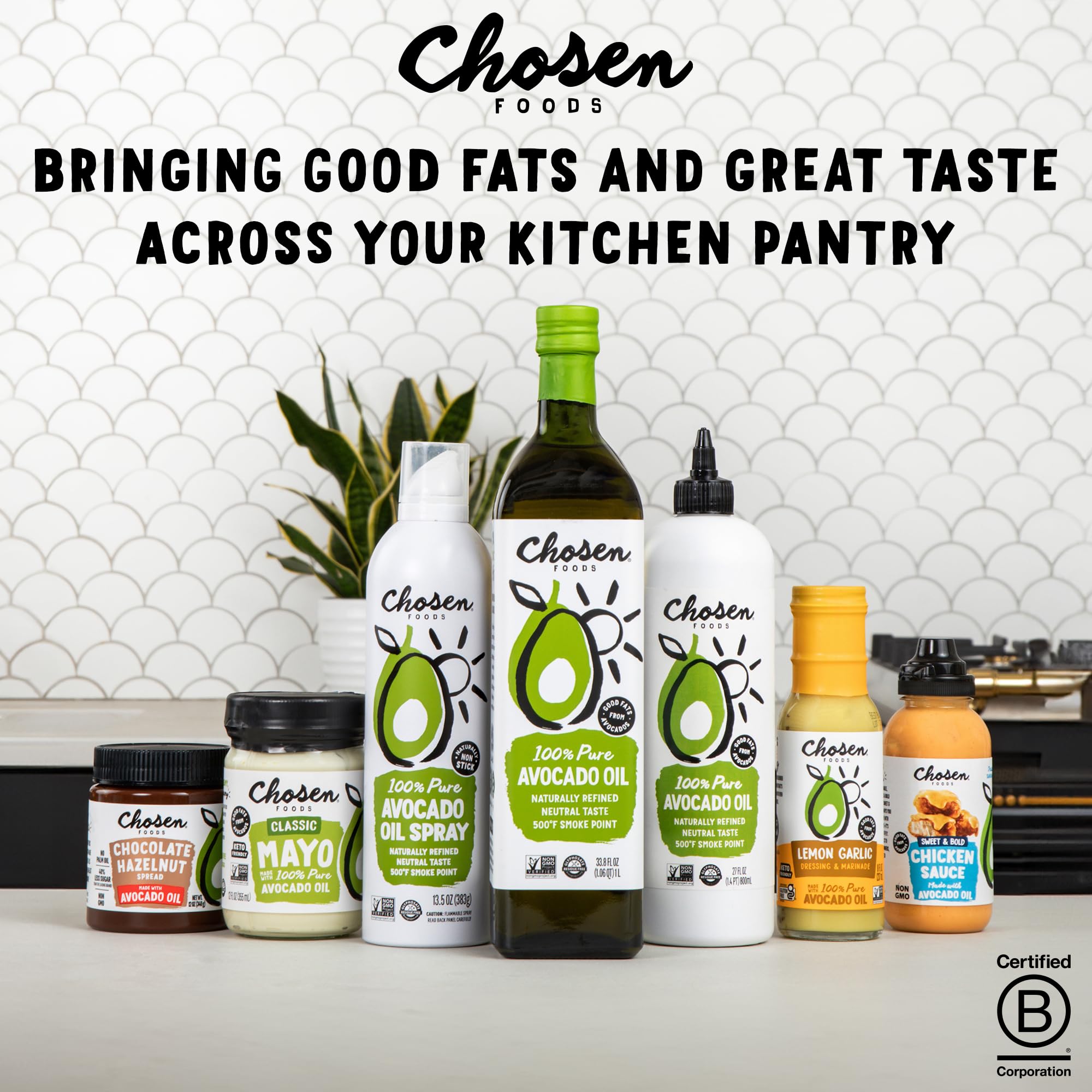 Chosen Foods Avocado Oil bottle ready for broil and roast applications.