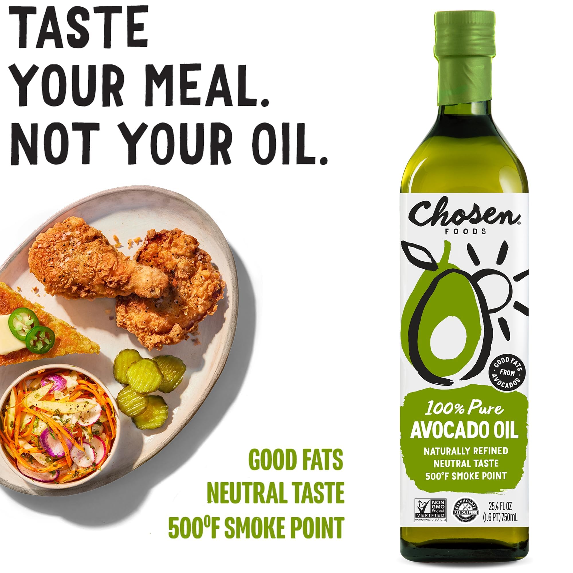 Chosen Foods Avocado Oil bottle in a dressing bowl highlights versatile dressings