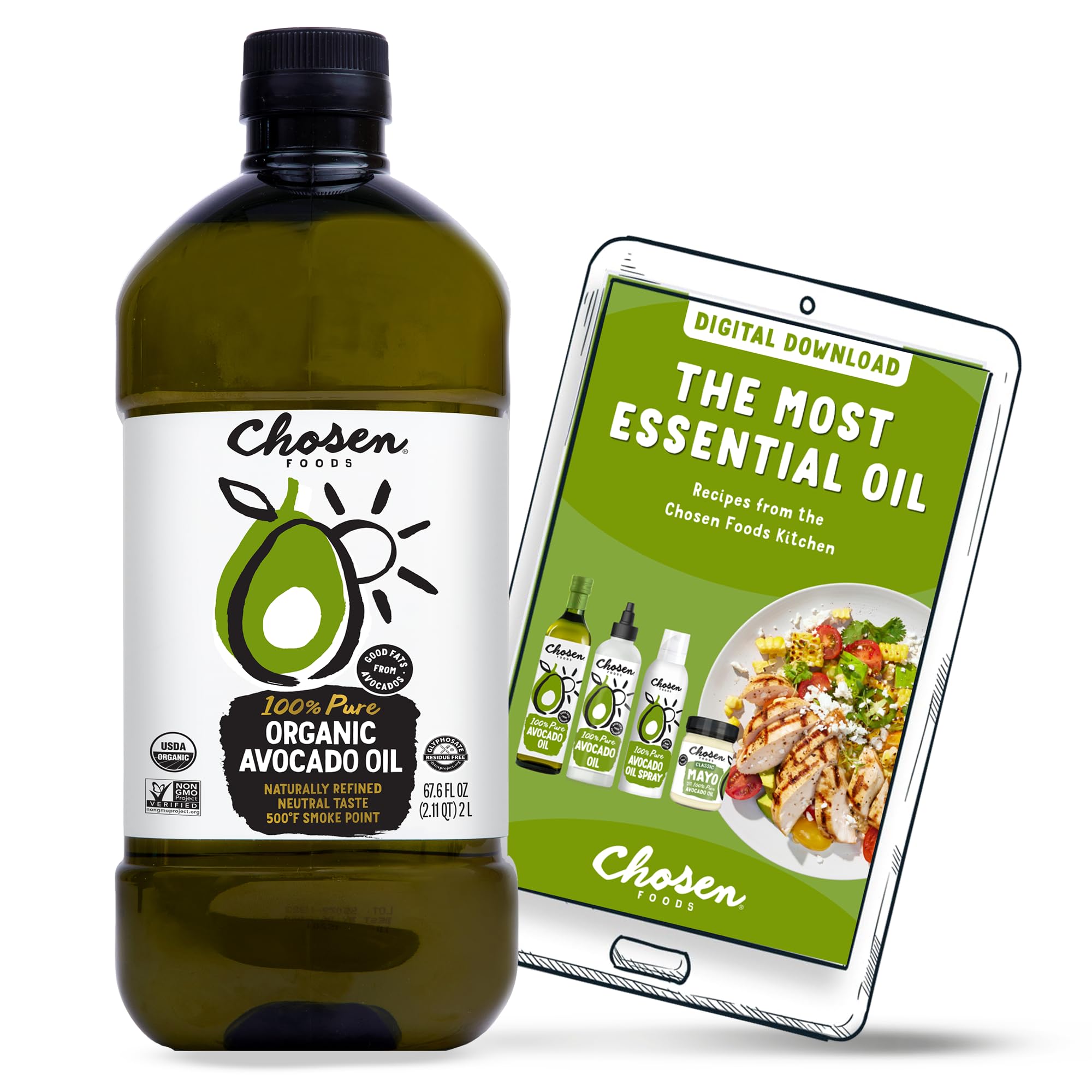 Chosen Foods avocado oil glass bottle closeup highlights clarity and quality.