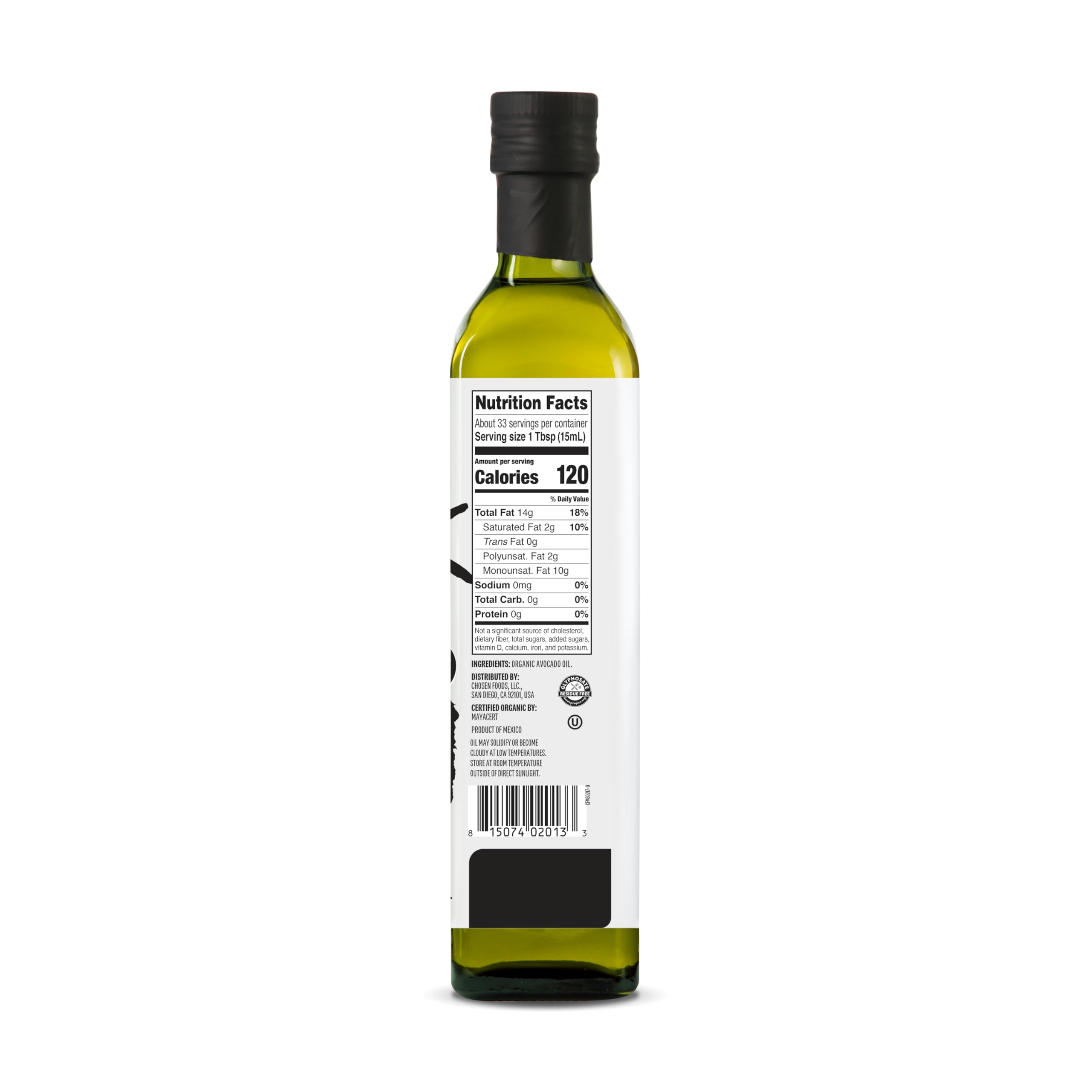 Chosen Foods Avocado Oil glass bottle on counter shows purity for everyday cooking.