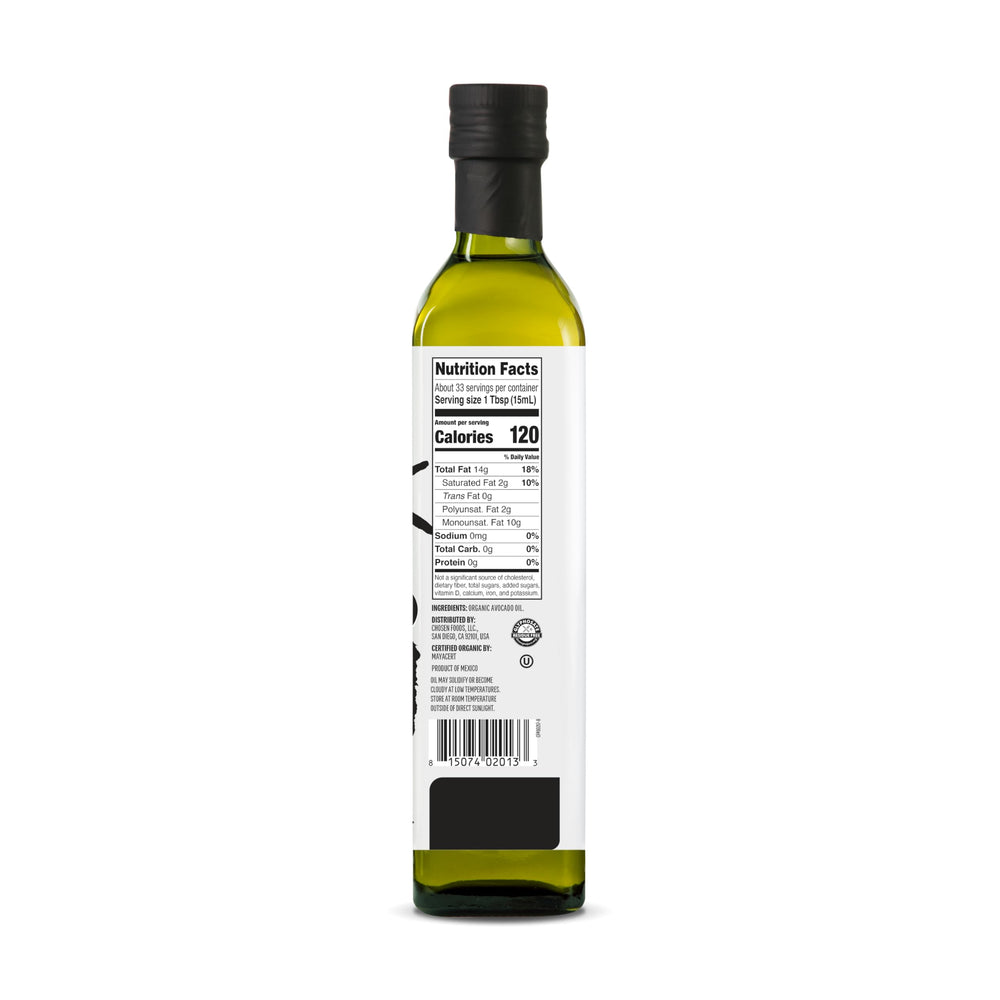 Chosen Foods Avocado Oil glass bottle on counter shows purity for everyday cooking.
