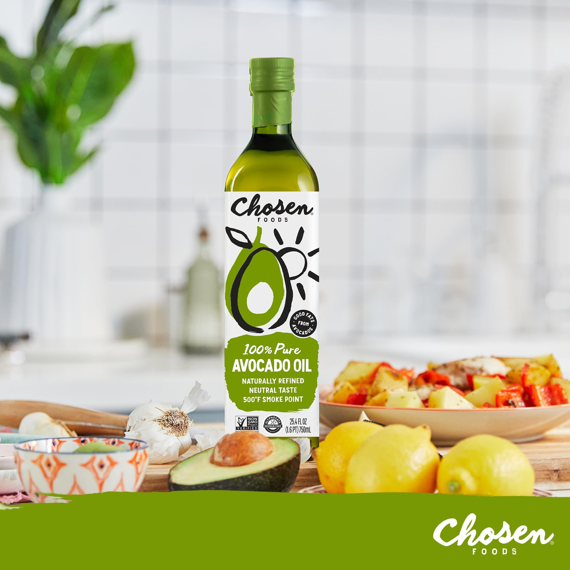 Chosen Foods Avocado Oil bottle on the counter suggests heart-healthy fats
