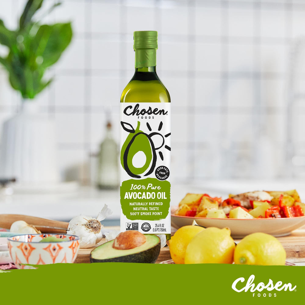 Chosen Foods Avocado Oil bottle on the counter suggests heart-healthy fats