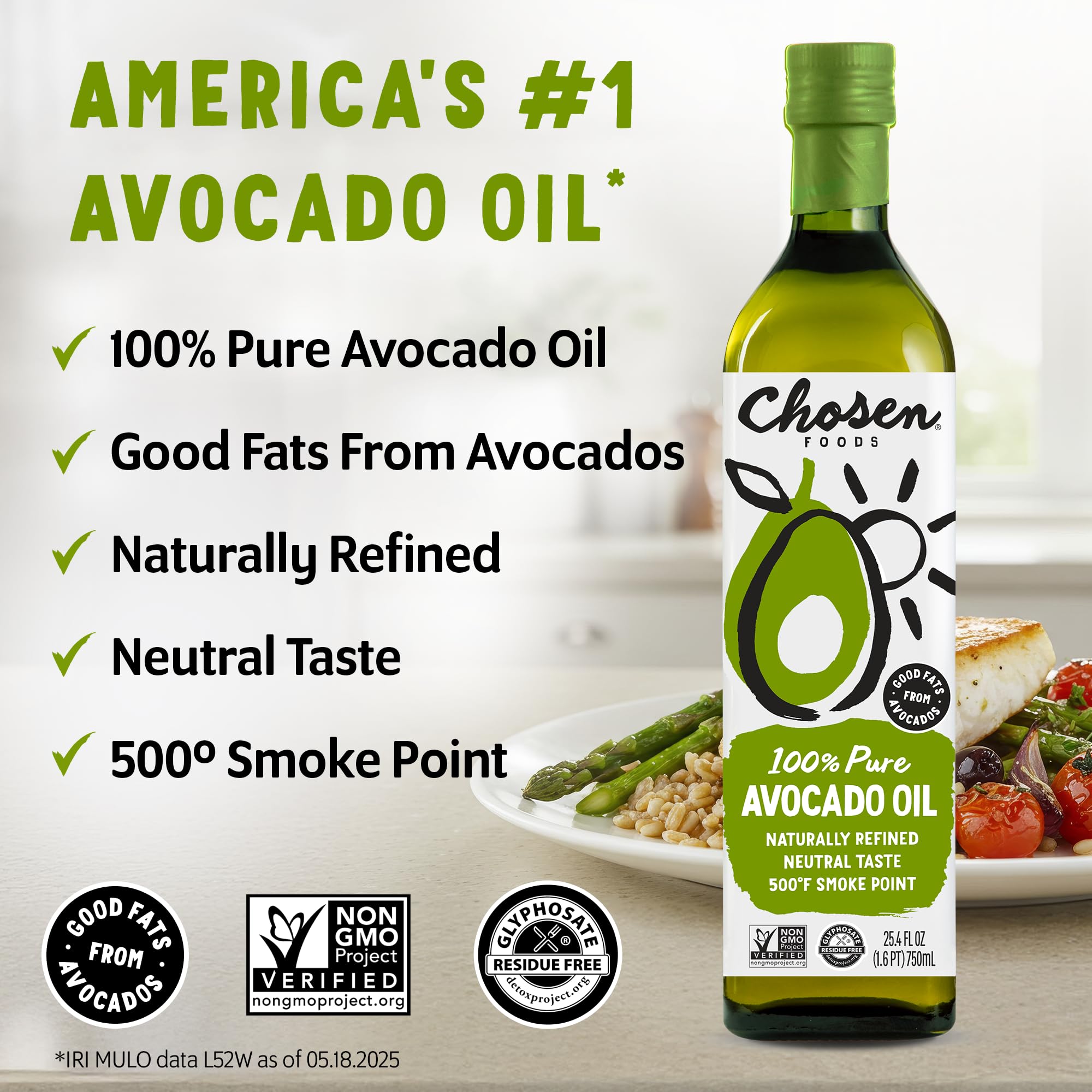 Chosen Foods Avocado Oil on a kitchen scene with keto-friendly staples nearby.