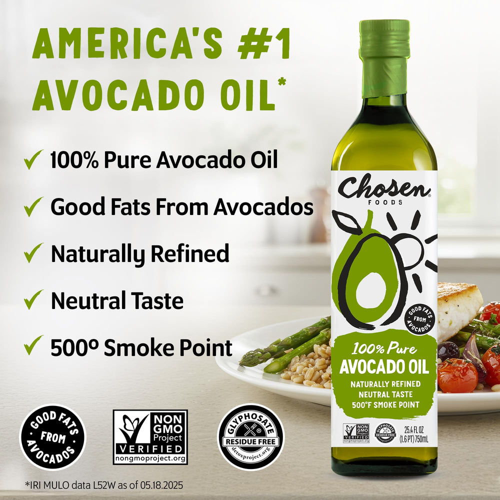 Chosen Foods Avocado Oil on a kitchen scene with keto-friendly staples nearby.