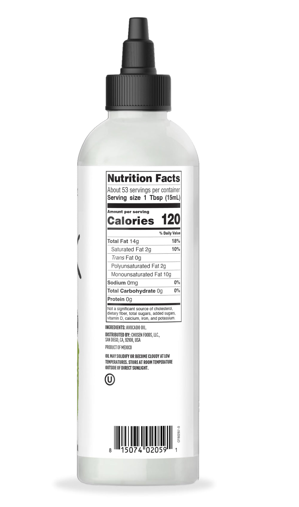 Chosen Foods Avocado Oil label on bottle highlighting purity and dietary-friendly features