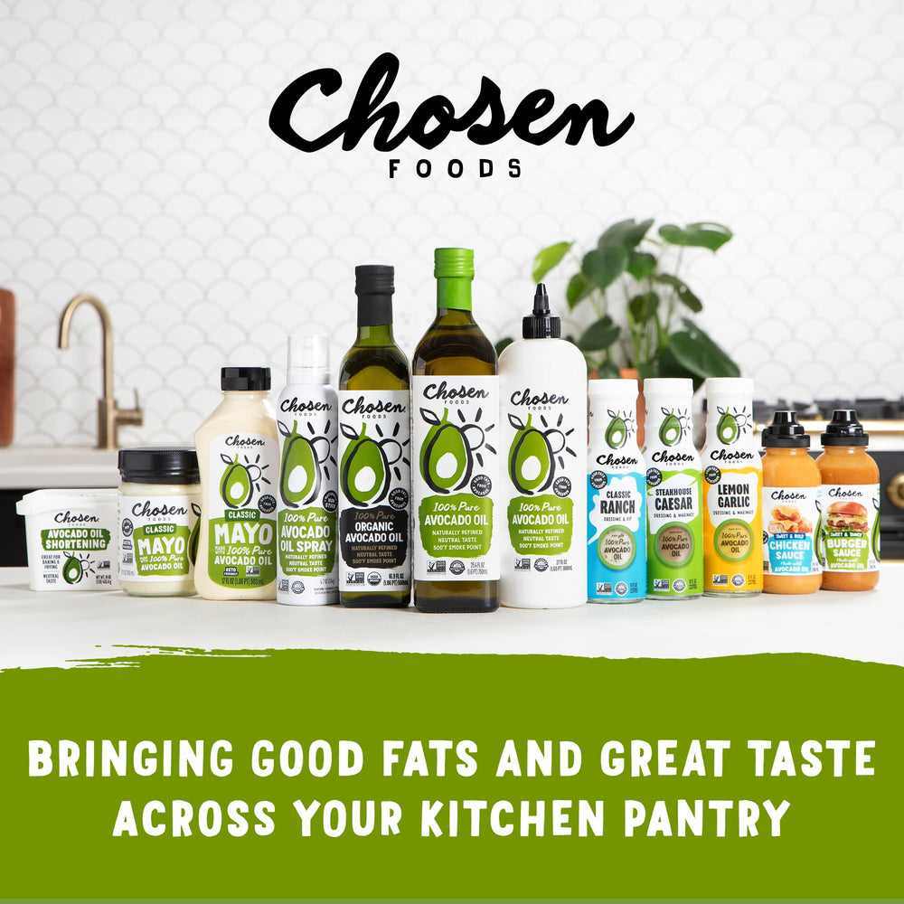 Chosen Foods avocado oil label closeup confirms organic and non-GMO credentials.