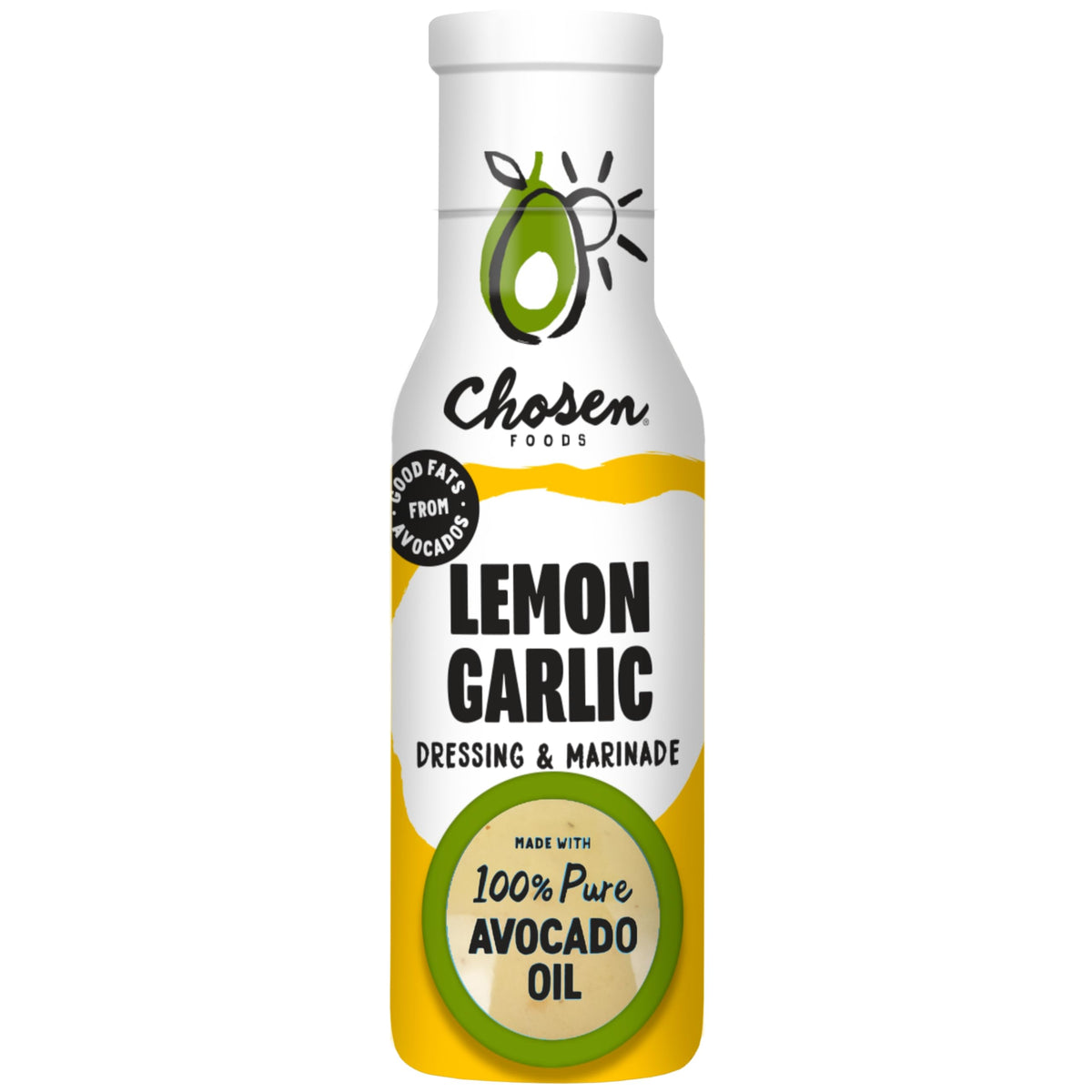 Chosen Foods avocado oil lemon garlic dressing bottle ready to drizzle on salads, versatile marinade