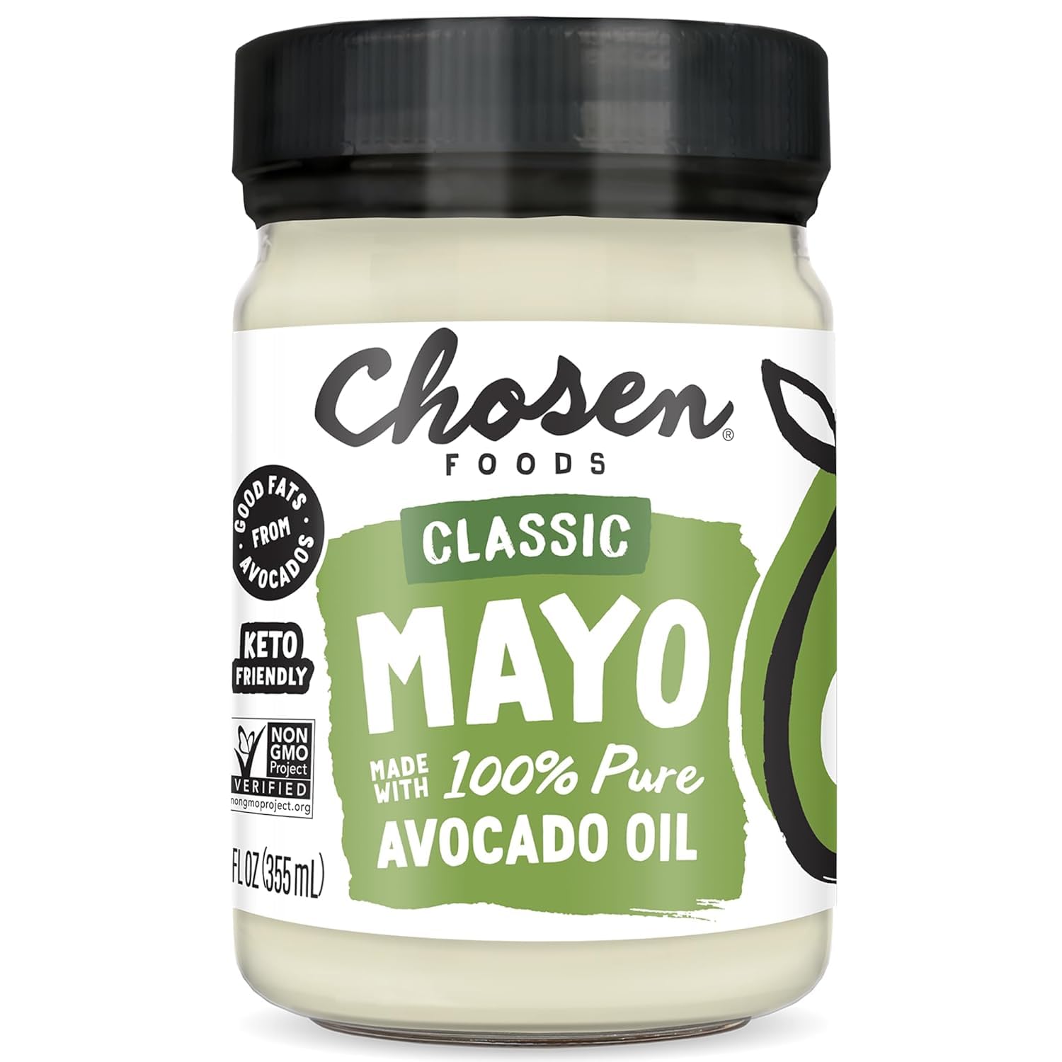 Chosen Foods avocado oil mayo bottle front showing creamy texture and clean ingredients