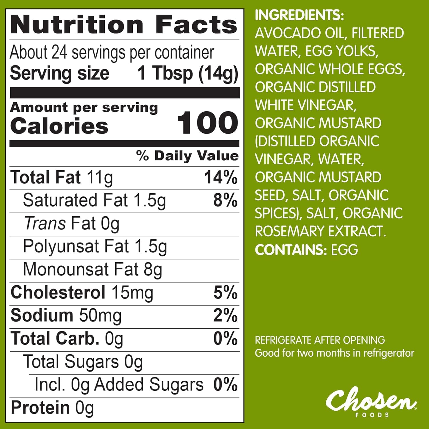 Label highlights avocado oil base and allergen-free features for mindful dining
