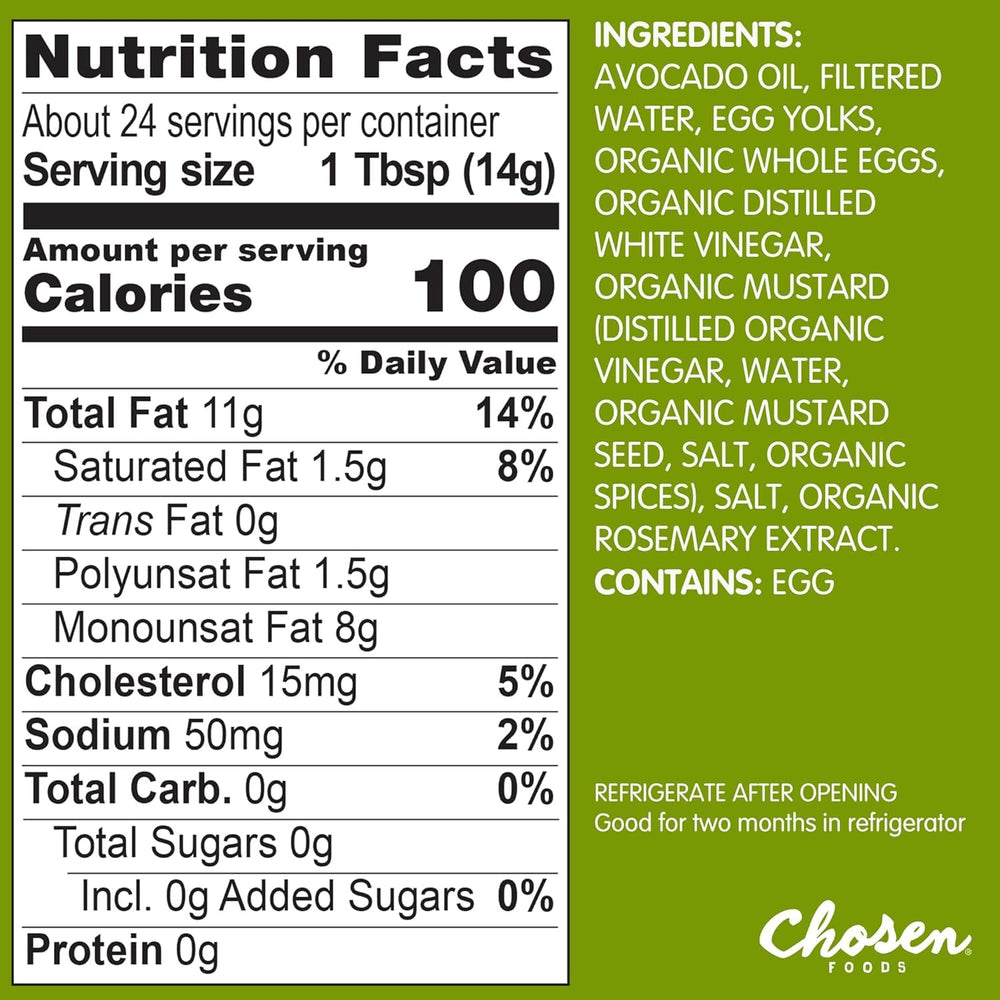 Label highlights avocado oil base and allergen-free features for mindful dining
