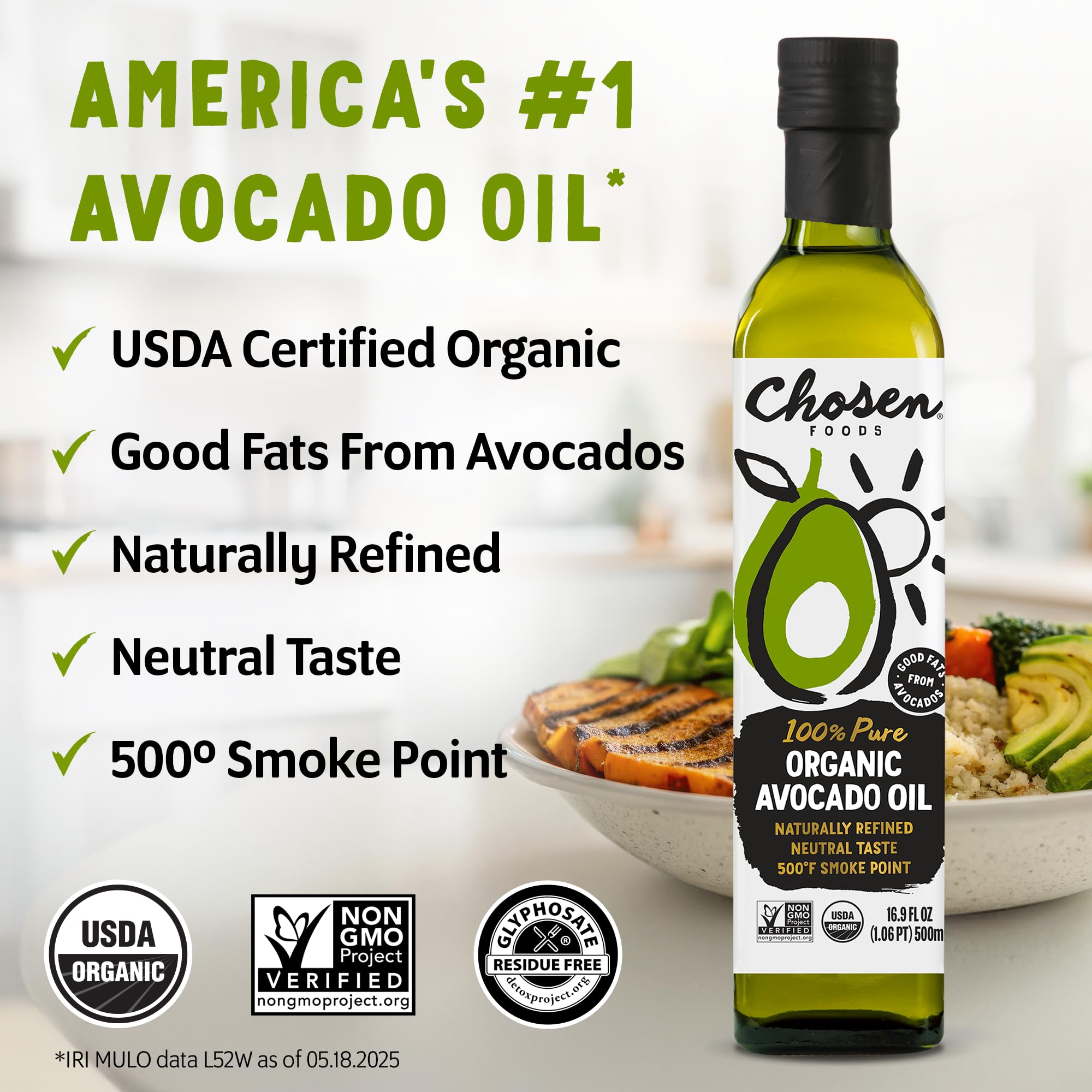Chosen Foods Avocado Oil in pan during searing highlights clean taste.