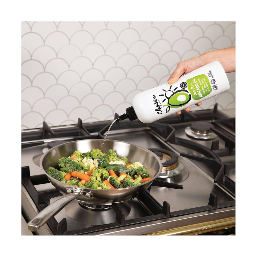 Chosen Foods Avocado Oil bottle on shelf with ingredients suggesting everyday versatility