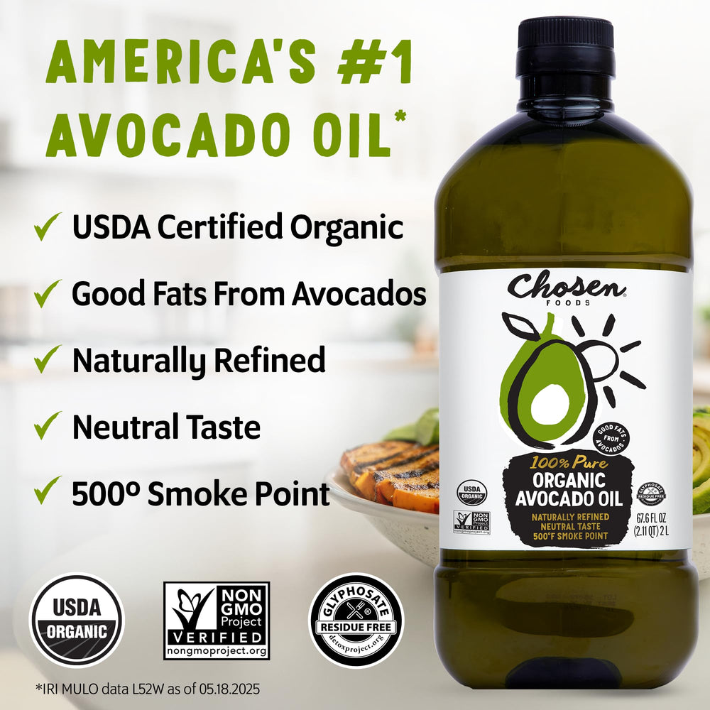 Chosen Foods avocado oil pour spout promotes mess-free, high-heat cooking.