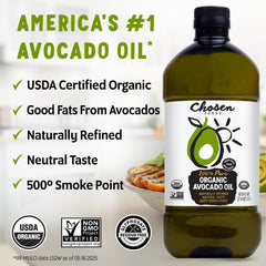 Chosen Foods avocado oil pour spout promotes mess-free, high-heat cooking.