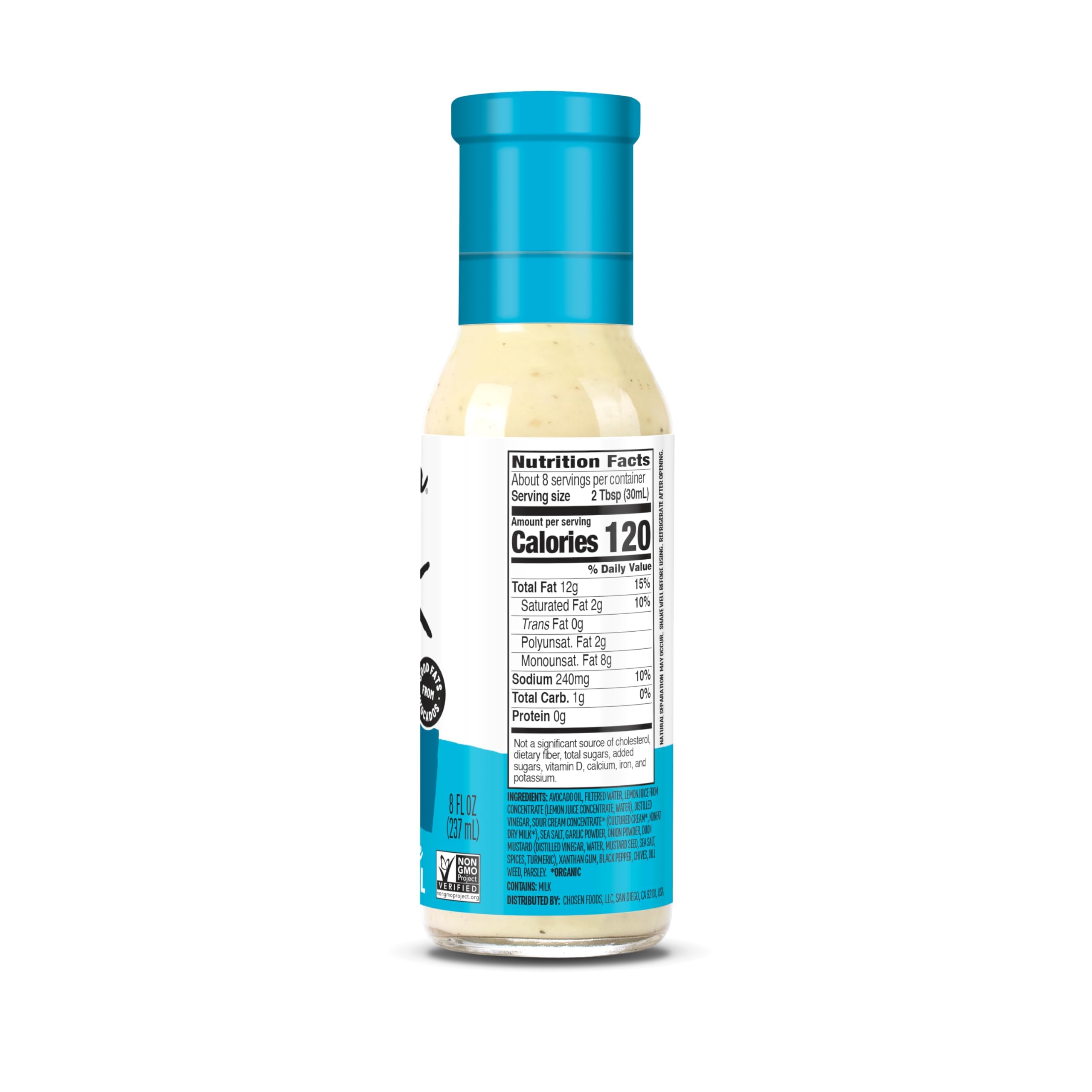 Pouring Chosen Foods avocado oil ranch dressing over a salad