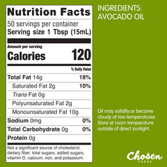 Chosen Foods Avocado Oil bottle label emphasizes purity and non-GMO quality