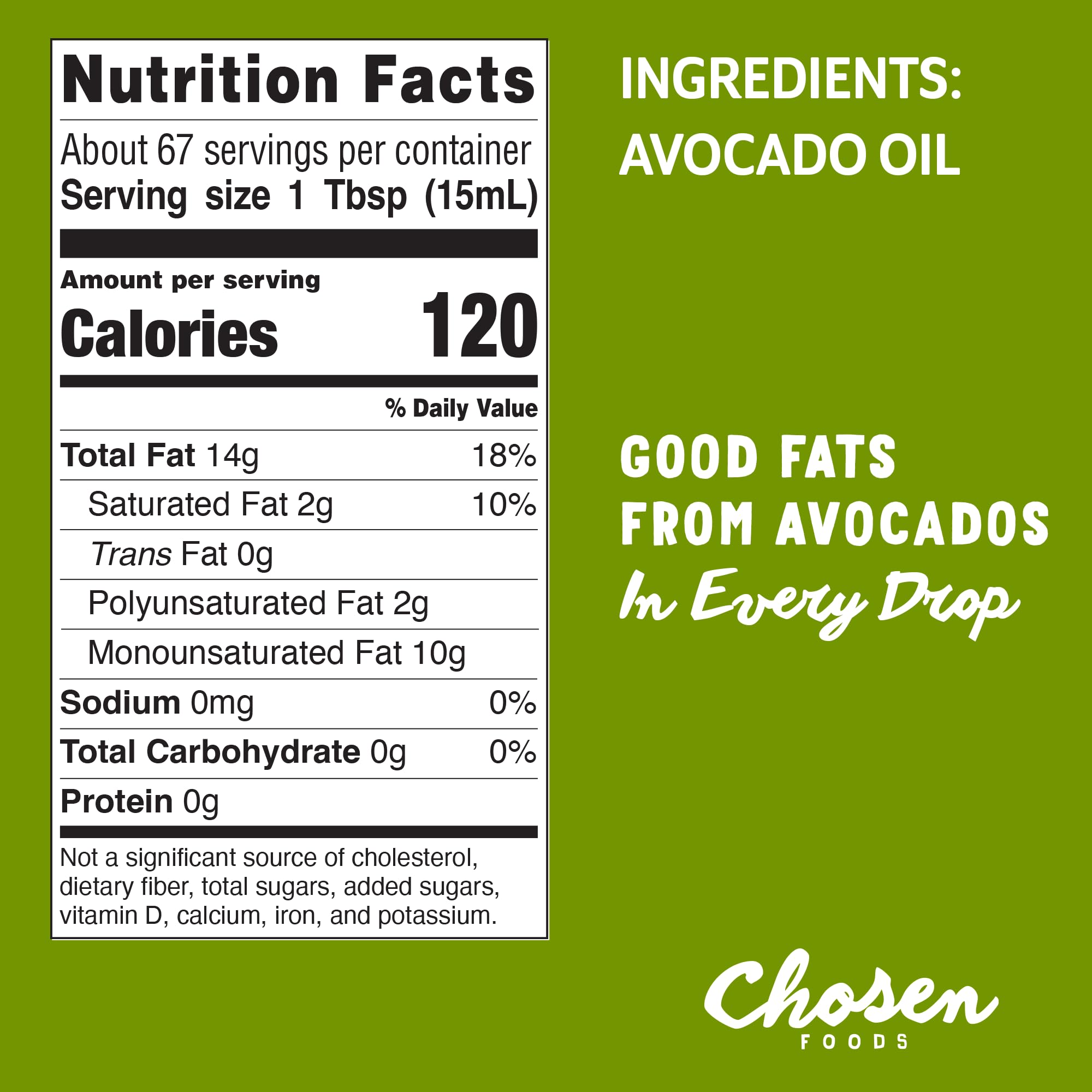 Chosen Foods Avocado Oil bottle beside fresh greens for dressings and finishing oils.