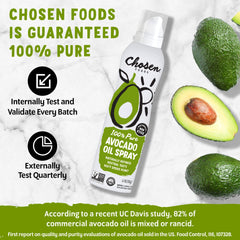 Chosen Foods Avocado Oil Spray kitchen-use close-up shows spray mist and flavor versatility