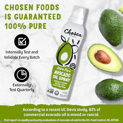 Chosen Foods avocado oil spray mist on salad, showcasing light, even finishing oil.