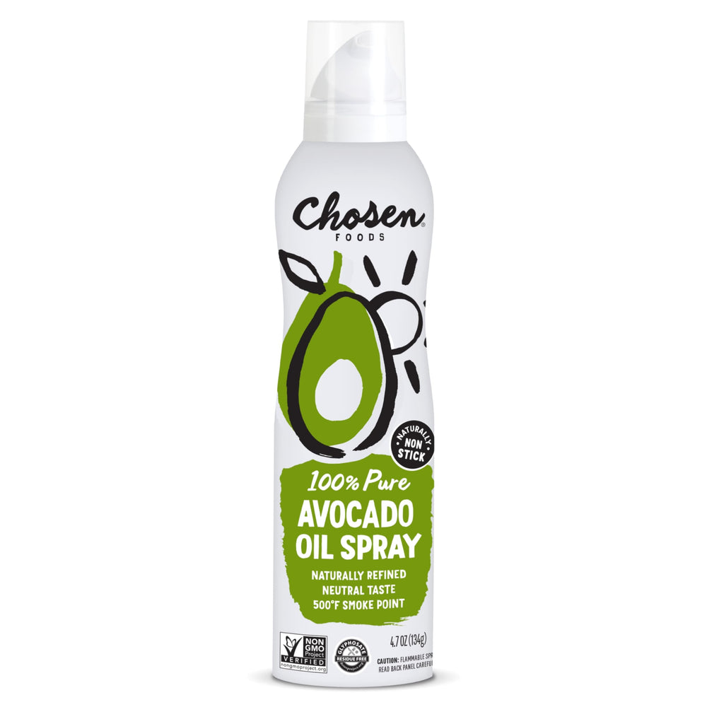 Chosen Foods avocado oil spray pack-shot highlighting convenient, propellant-free oil for versatile use.