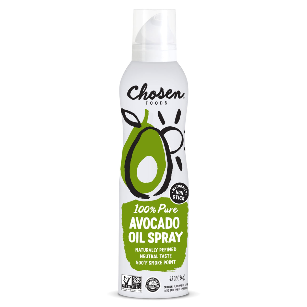 Chosen Foods avocado oil spray pack-shot highlighting convenient, propellant-free oil for versatile use.