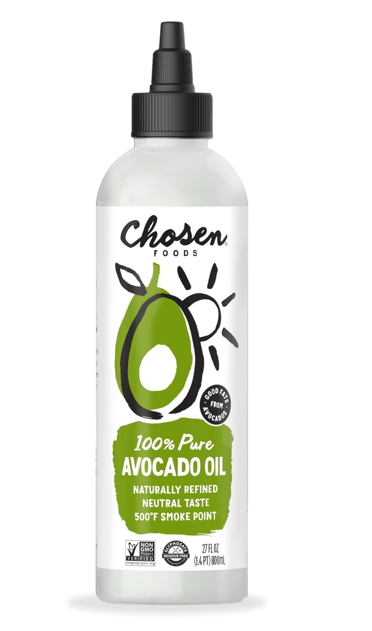 Chosen Foods Avocado Oil squeeze bottle closeup ready for high-heat cooking