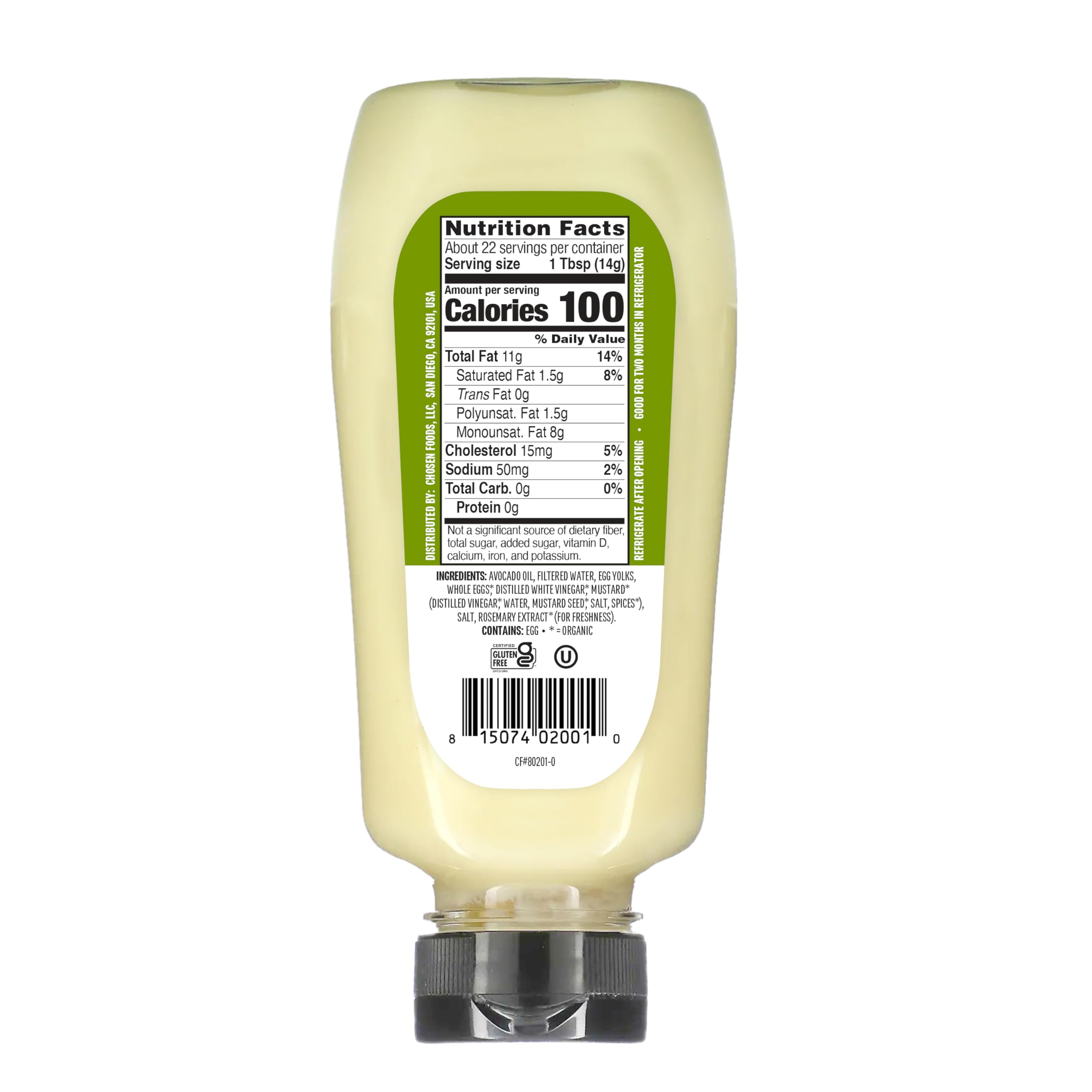 Chosen Foods Classic Mayo Squeeze close-up label shows clean ingredients and real flavor.