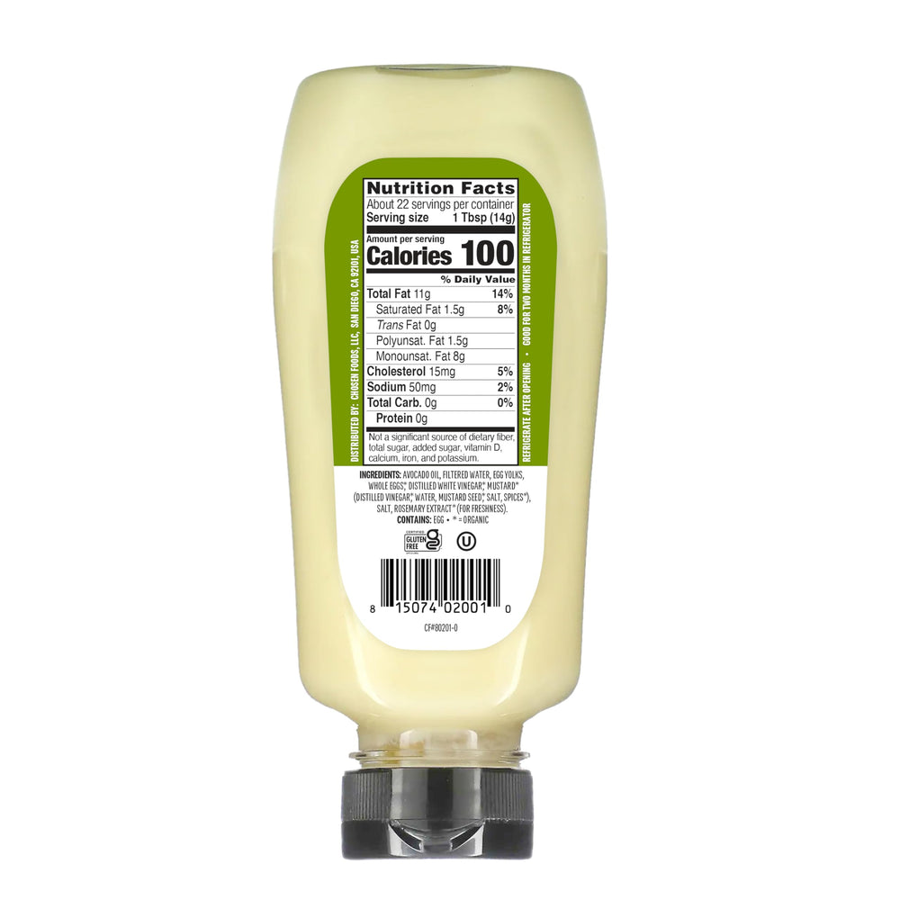 Chosen Foods Classic Mayo Squeeze close-up label shows clean ingredients and real flavor.