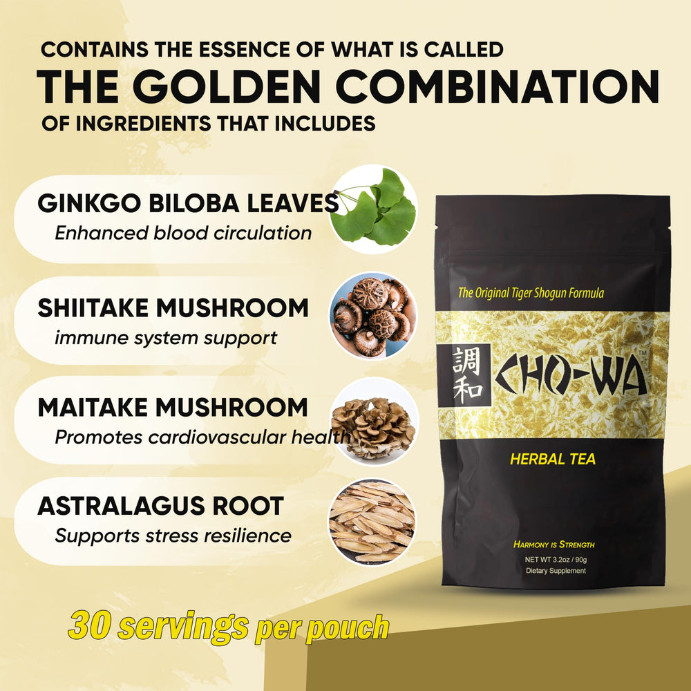 CHO-WA Tiger Shogun tea bags ready for brewing and daily wellness.