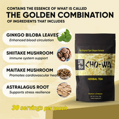 CHO-WA Tiger Shogun tea bags ready for brewing and daily wellness.