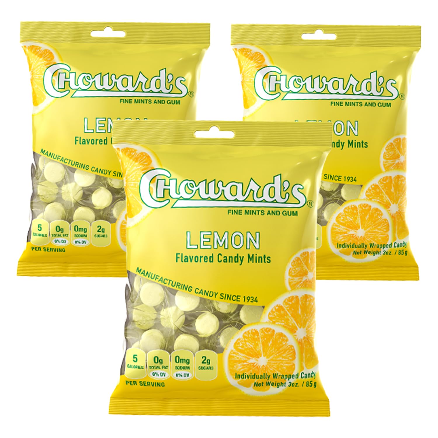 Choward's Lemonmint candy bags 3-pack for convenient travel freshness.
